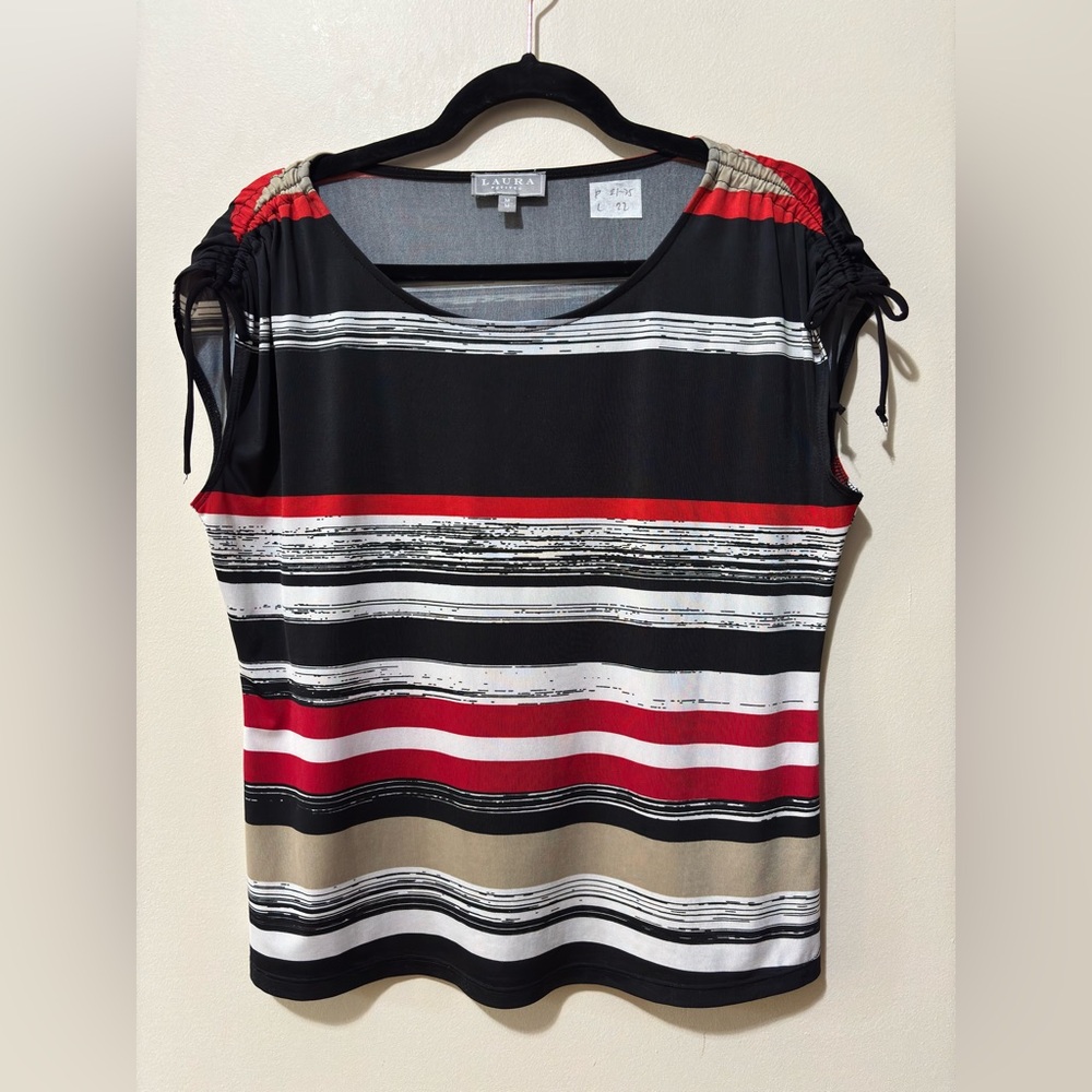 Laura Petites Stylish Striped Blouse - Black, Red, White, Tan